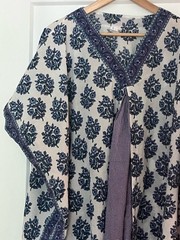 100% Cotton Hand Block Printed Indian Midi Dress/Kaftan Blue White Mauve O/S