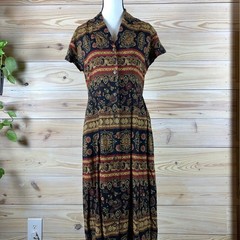 Mixit Button Front Maxi Dress Womens 6 Black Paisley Tapestry Vintage 90s Boho
