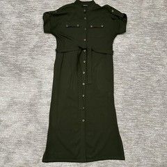 eShakti Dress Womens Medium Green Belted Button Front Pockets Utility Shirt