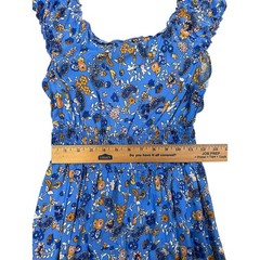 Dusty Blue Boho Floral Maxi Dress Women&rsquo;s Medium Smocked Waist Ruffle Sleeve