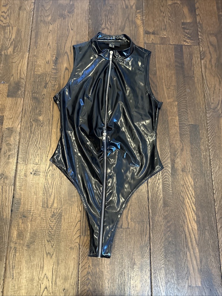 Noir Handmade Full Zipper Bodysuit Leotard Polyurethane Coated Size S EU 36 NEW