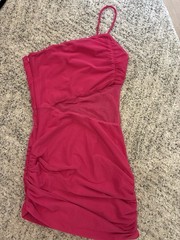 superdown Pink One Shoulder Ruched Sheer Mesh Bodycon Mini Dress XS