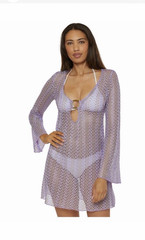 BECCA Purple/Silver Sheer Lace Metallic Bell Sleeve V-Neck Mini Dress M