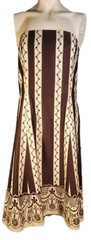 Strapless beige & brown vertical stripe intricate embroidery Sz 6 Ann Taylor