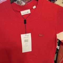 Lacoste Red Knit Midi Sweater Dress Crew Neck Long Sleeve Logo Size 38