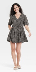 Universal Thread Bell Elbow Sleeve Mini A-Line Dress Black Floral Large NWT
