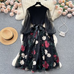 Floral Embroidery Women&rsquo;s Casual Knitted Long Sleeve Midi Swing Party Dress OL