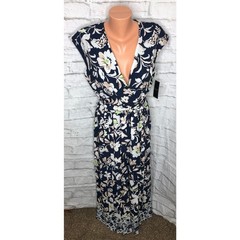 Tahari Navy Blue Long Floral Jumpsuit pants Size 8