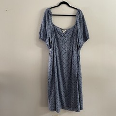 a.n.a Womn 3X Blue Geo Print Linen Blend Boho Pockets Puff Sleeve Midi Dress NWT