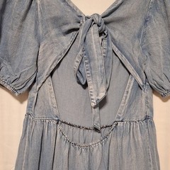 She + Sky Sz M Blue Tencel Denim Tiered Dress Square Neck Puff Sleeve Tie Back