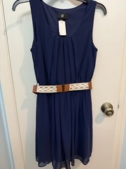 Sleeveless Navy Dress Small, iZ Buyer, Belted NWT Very Pretty
