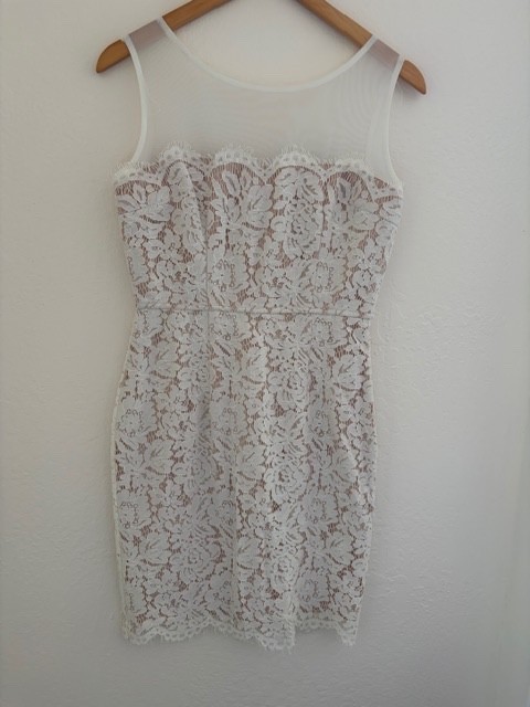 Lulus M White Floral Lace Mesh Wide Strap Round Neck Mini Bodycon Dress Side Zip