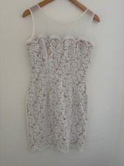 Lulus M White Floral Lace Mesh Wide Strap Round Neck Mini Bodycon Dress Side Zip