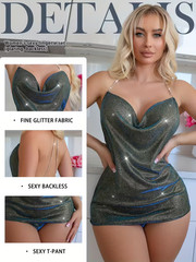 NEW X-Large Sexy Glittery Shiny Bodycon or Lingerie Green Blue Backless Hi Cut