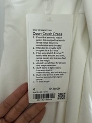 Lululemon Court Crush Dress White Size 6 NWT Tennis Dress
