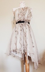 Silk Ruffled one shoulder Chiffon Flare Dress Fate Ojay Sz S Fog Black