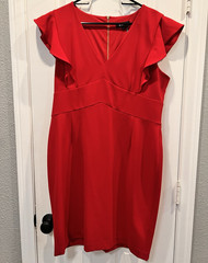 DKNY Red Sheath Dress Size 16 V-Neck Flutter Sleeve Lined Stretch Back Zip
