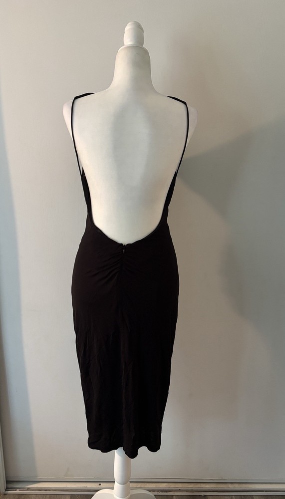 Maria Bianca Nero Black Solid Boat Neck Backless Ruched Bodycon Midi Dress S