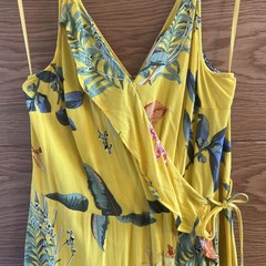 Warehouse Dress Yellow Tropical Floral 16 Ruffle Side Tie Adjustable 100%Viscose