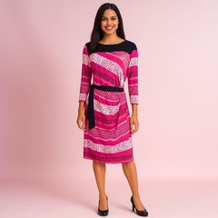 New York Company Pink Black Belted Dress Career Retro Stretch Mod Artsy Large