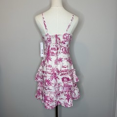 Aqua Pink and White Palm-Print Ruffle Dress