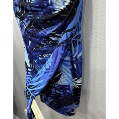 Connected Apparel Midi Dress Women 16 Blue Black Tropical Sheath Stretch Pull On