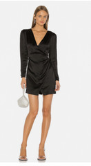 Grlfrnd L Button-front Mini Silky Dress Long Sleeve Wrap Front Black Satin B4