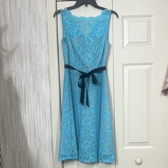 Women’s Size 12 Blue Floral Lace Sleeveless Scoop Neck A-Line Belted Bow