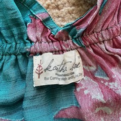 KANTHA BAE O/S 100% Silk Boho Teal Floral Pink Maxi Dress Keyhole Balloon Sleeve