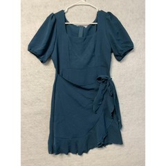 Dress Womens Medium Teal Faux Wrap Tie Ruffle Hem Puff Sleeve Square Neck Mini