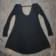 Black American Eagle Outfitters Long Sleeve Dress Lace Shoulders V-Neck Viscose