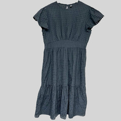 JORESS Rare Y2k Empire Waist Midi Dress Tiered Eyelet Flutter Sleeves 12 Black