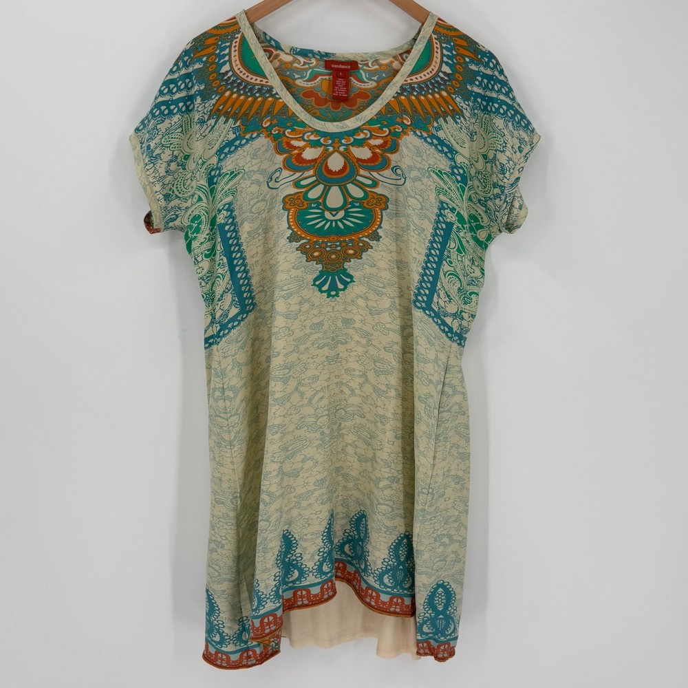 Sundance 100% Silk Boho Print Shift Dress w/ Slip Cream Multicolor Size Large