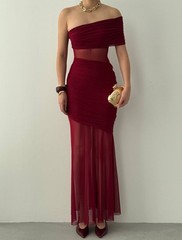 Luxury Sheer Mesh Evening Dress Ruched Bodycon Maxi Gown