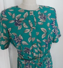 Vintage BENTLEY 1980&rsquo;s-1990&rsquo;s Blue Teal Floral Secretary S/S Pleated Dress Sz M