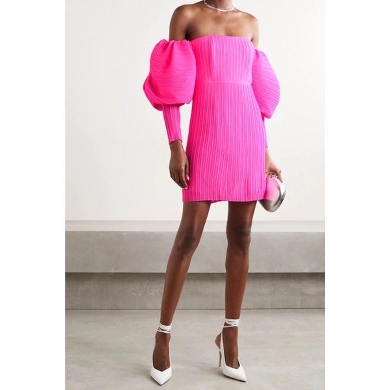 Solace London Skye Off Shoulder Pleated Mini Dress Acid Pink Balloon Sleeve Sz 0