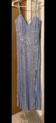 NWT Blue sequin spaghetti strap V-neckline low back, and a high slit Never worn