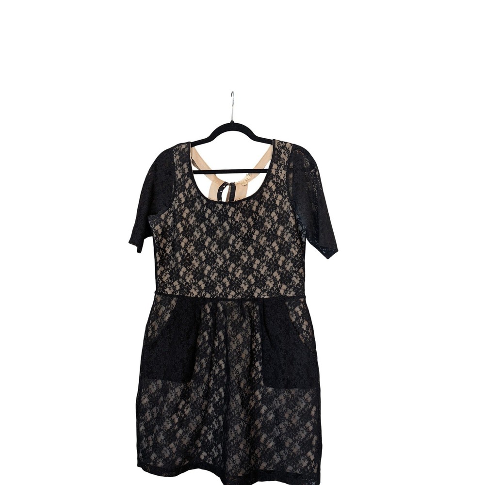Silence + Noise Women Lace Mini Dress L Black Nude Open Back Pocket