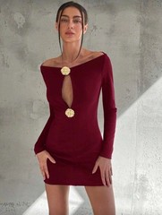 Chic Fall/Winter Mini Dress with Chest Cutout, Boat Neckline, and Metal Buckle
