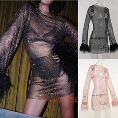 Women See Through Mesh Mini Dress Shiny Fur Fringed Full Sleeve Club Wear