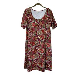 Sahalie Midi Dress Sz L Red Green Floral Print Stretch Boho Modest Mature