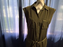 Express Olive Sleeveless Button Front Zip Pockets Belted Lined Short Dress M