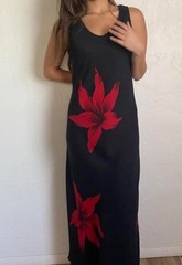 Y2k Black Floral Maxi Dress 12 Chiffon Big Red Flowers Fairygoth Whimsigoth Vamp