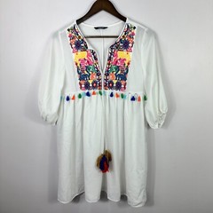 SHEIN Boho Embroidered Tassel Tunic Dress White Womens XS Peasant Festival Vacay