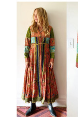 Exotic Boho J. Peterman Silk Quilt Patch Dress Gold Waist Tie Button Colorful 10