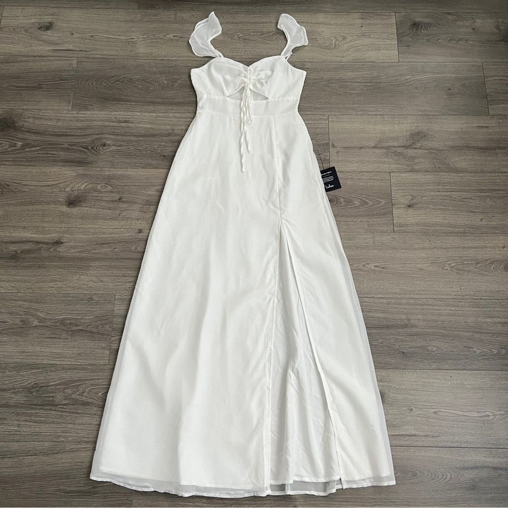 Lulus The Way To Love Ruffled Maxi Dress XS White Cut Out Slit Cottagecore Boho