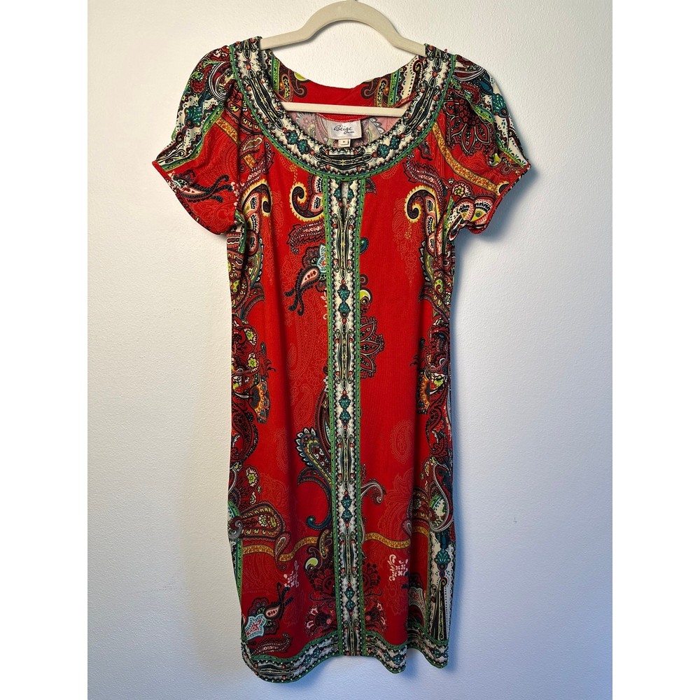 Beige by eci Paisley Shift Dress • Red & Green Printed with Small Beading