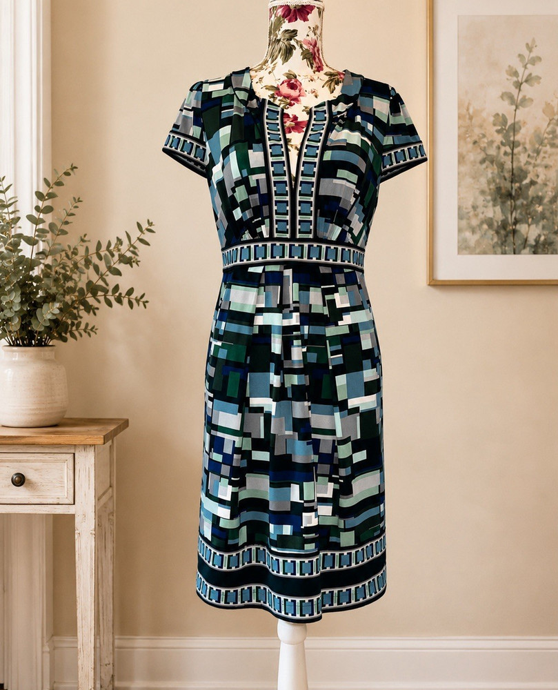 BCBGMAXAZRIA Women’s Medium Geometric Print Faux Wrap Stretch Dress Blue Green M