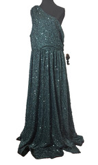 Faeriesty 1X Emerald Green Sequin One-Shoulder Holiday Gown Formal Dress Slit