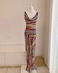 NEW 100% Mulberry Silk Striped Maxi Dress Women&rsquo;s V Neck Asymmetrical Sundress